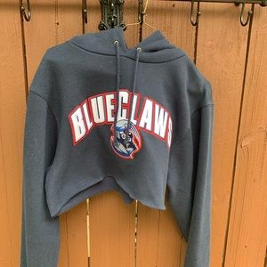 Up-cycled cropped hoodie with crab illustration